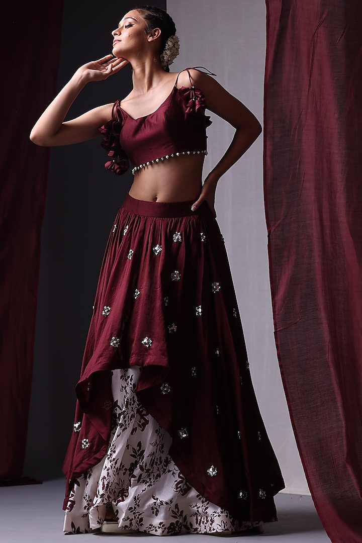 Maroon Embroidered Lehenga Set For Girls by Yogita Kadam- Kids at Pernia's Pop Up Shop