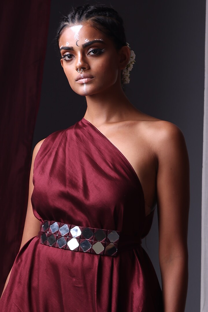 Maroon One Shoulder Cape Set For Girls by Yogita Kadam- Kids at Pernia's Pop Up Shop
