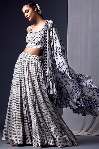 Blue & Off White Printed Lehenga Set For Girls by Yogita Kadam- Kids