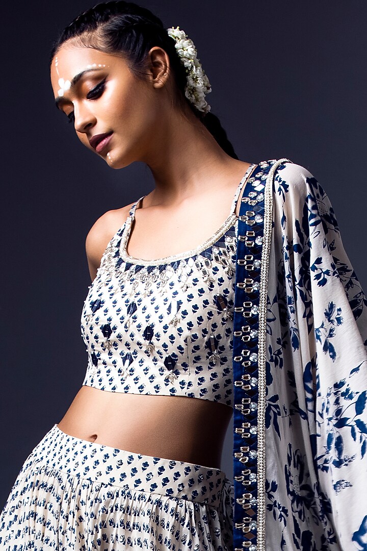 Blue & Off White Printed Lehenga Set For Girls by Yogita Kadam- Kids at Pernia's Pop Up Shop