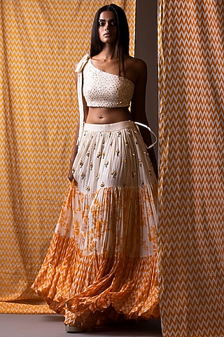 Orange & Off White Embroidered Lehenga Set For Girls by Yogita Kadam- Kids
