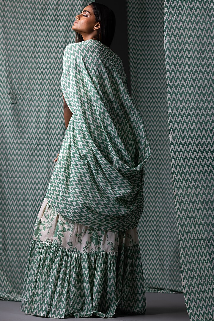 Green & Off White Printed Skirt Set For Girls by Yogita Kadam- Kids at Pernia's Pop Up Shop