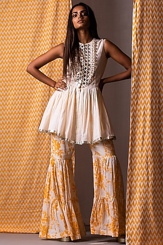 Orange Printed Sharara Set For Girls by Yogita Kadam- Kids