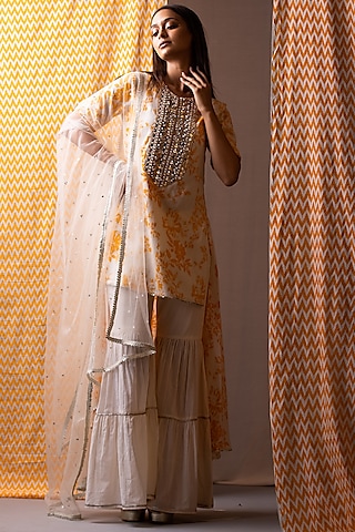 Off White Cotton Sharara Set For Girls