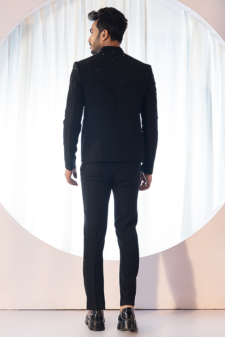 Black Stretchable Premium Suiting Embroidered Bomber Jacket Set by YOSEBA at Pernia's Pop Up Shop