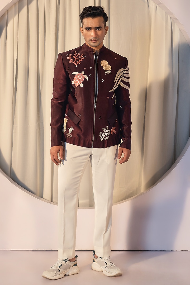 Maroon Stretchable Premium Suiting Floral Embroidered Jacket Set by YOSEBA