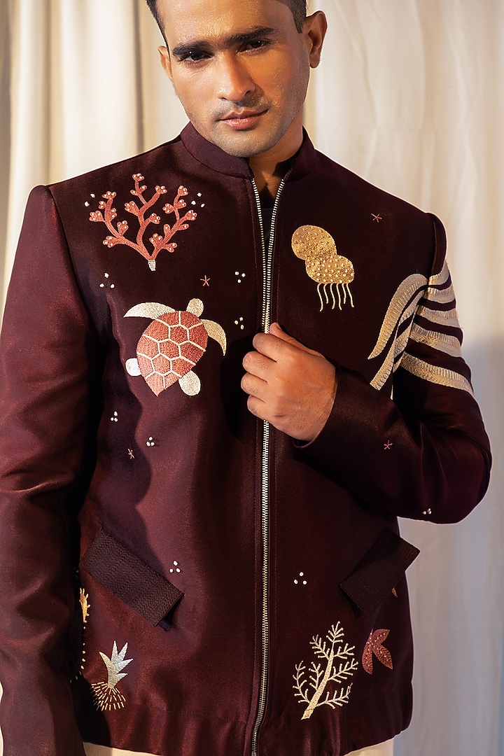Maroon Stretchable Premium Suiting Floral Embroidered Jacket Set by YOSEBA at Pernia's Pop Up Shop