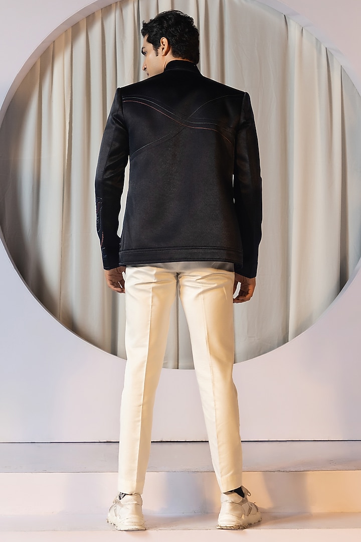 Dark Blue Linen Satin Bomber Jacket Set by YOSEBA at Pernia's Pop Up Shop