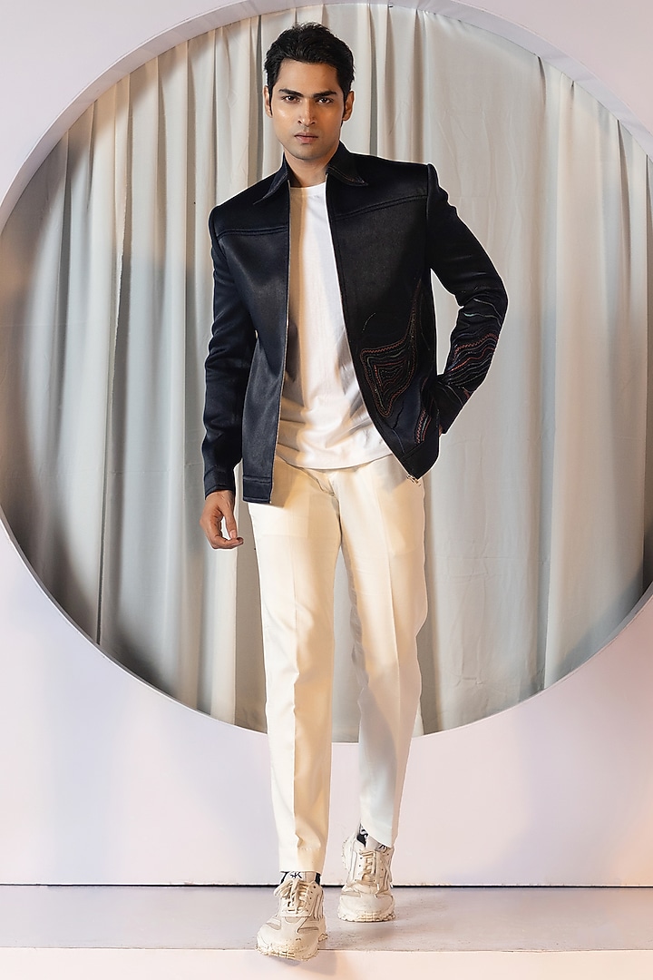Dark Blue Linen Satin Bomber Jacket Set by YOSEBA at Pernia's Pop Up Shop
