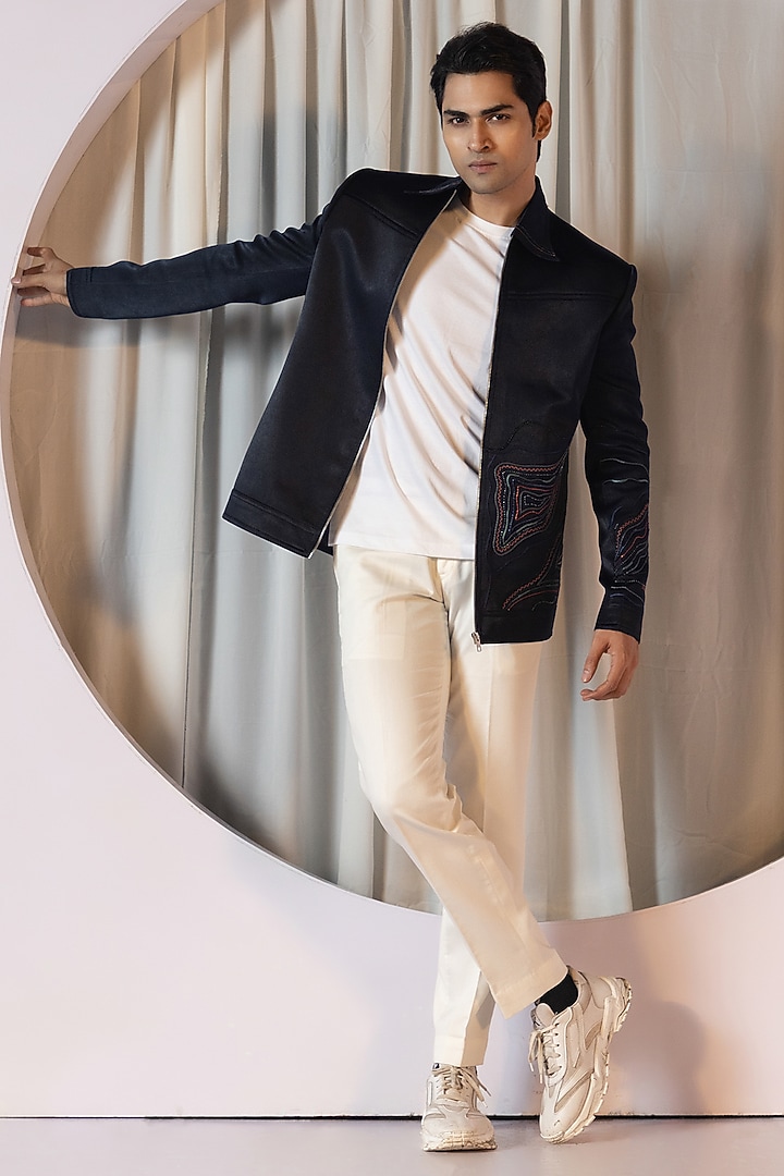 Dark Blue Linen Satin Bomber Jacket Set by YOSEBA at Pernia's Pop Up Shop