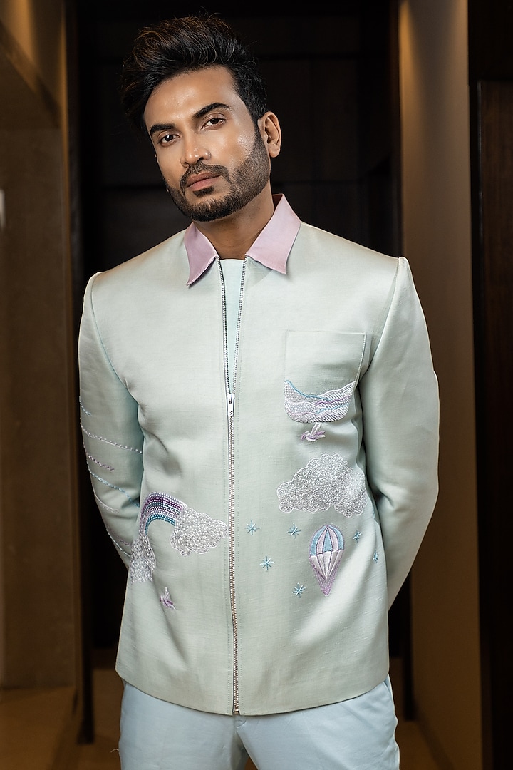 Blush Blue Linen Satin Embroidered Jacket Set by YOSEBA at Pernia's Pop Up Shop