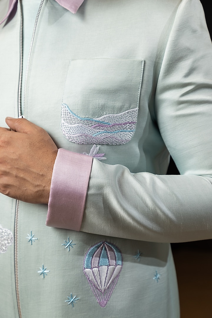 Blush Blue Linen Satin Embroidered Jacket Set by YOSEBA at Pernia's Pop Up Shop