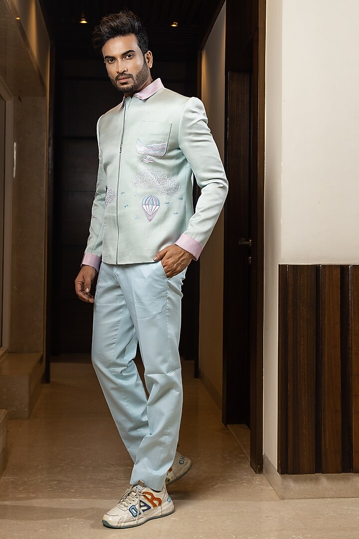 Blush Blue Linen Satin Embroidered Jacket Set by YOSEBA at Pernia's Pop Up Shop