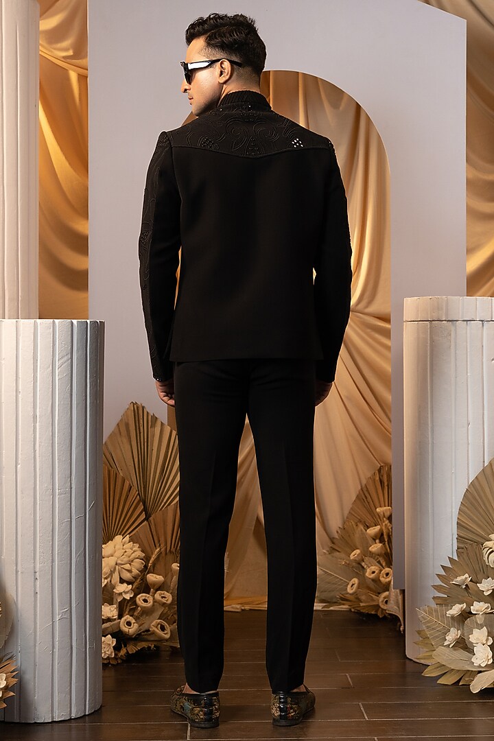 Black Stretchable Premium Suiting Mirror Embellished Jacket Set by YOSEBA at Pernia's Pop Up Shop