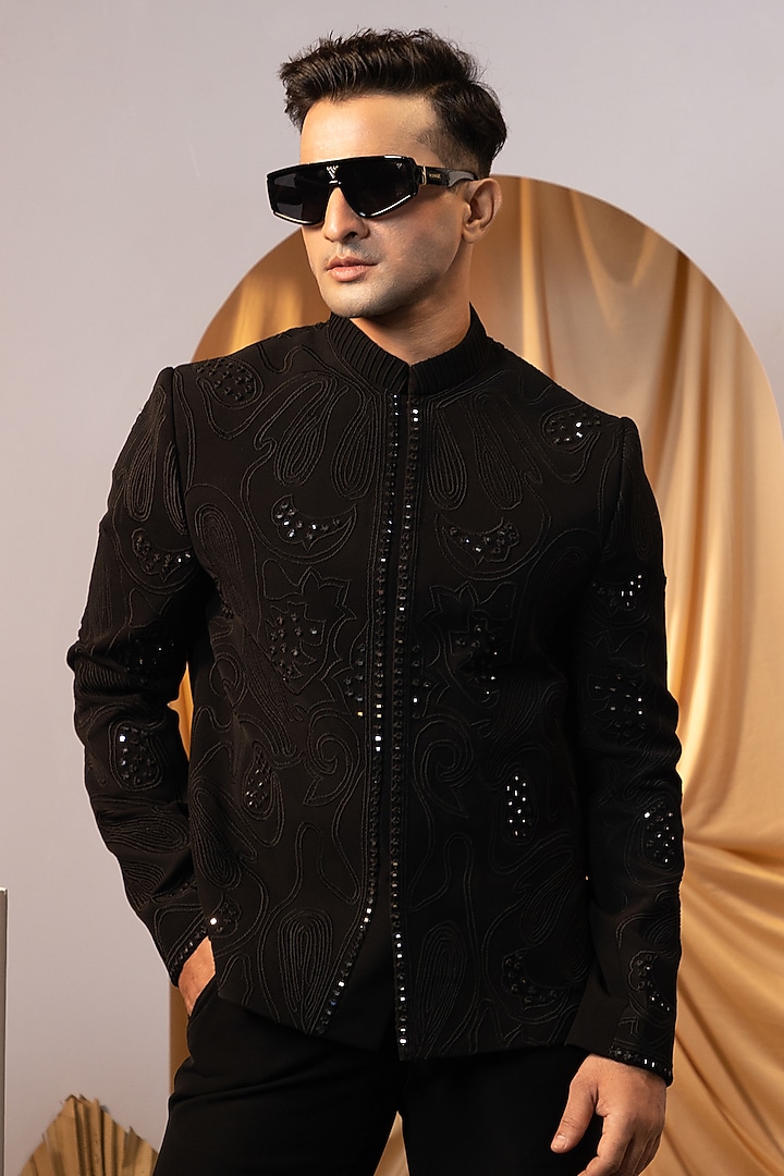 Black Stretchable Premium Suiting Mirror Embellished Jacket Set by YOSEBA at Pernia's Pop Up Shop