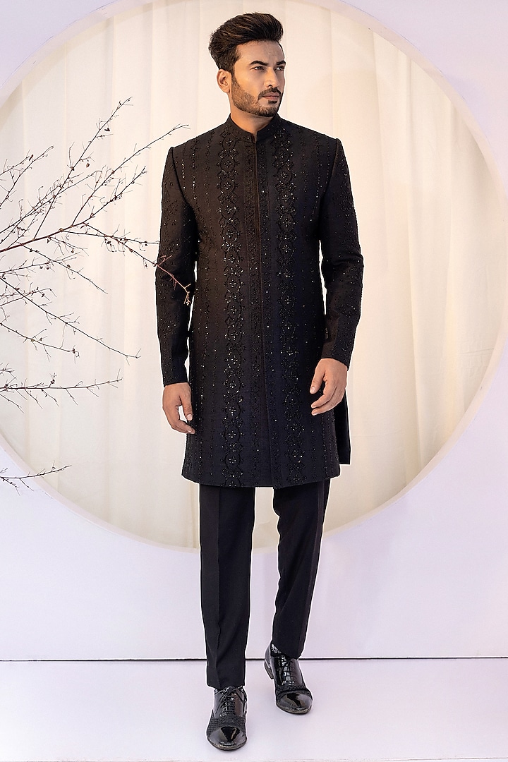 Black Bam Silk Dori Work Achkan Set by YOSEBA at Pernia's Pop Up Shop