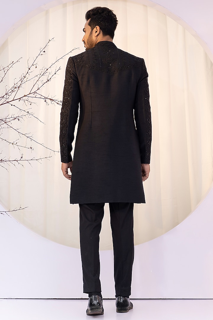 Black Bam Silk Dori Work Achkan Set by YOSEBA at Pernia's Pop Up Shop