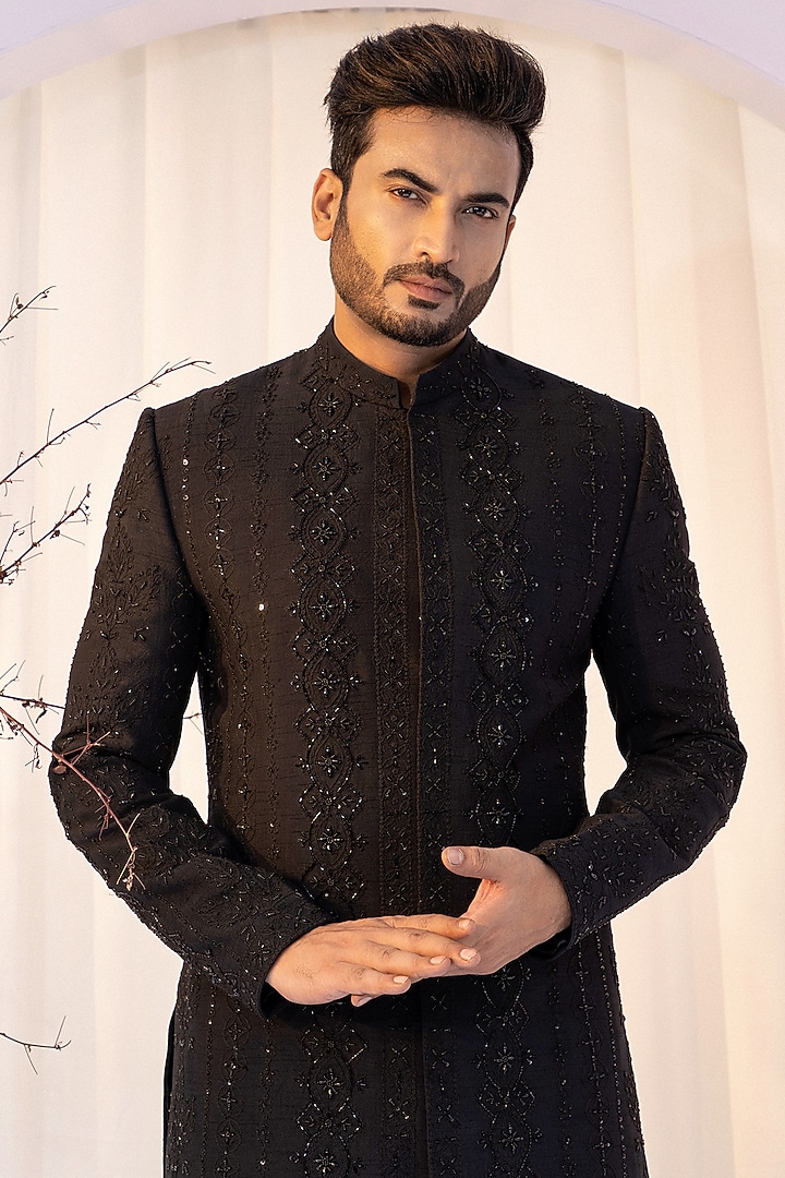 Black Bam Silk Dori Work Achkan Set by YOSEBA at Pernia's Pop Up Shop