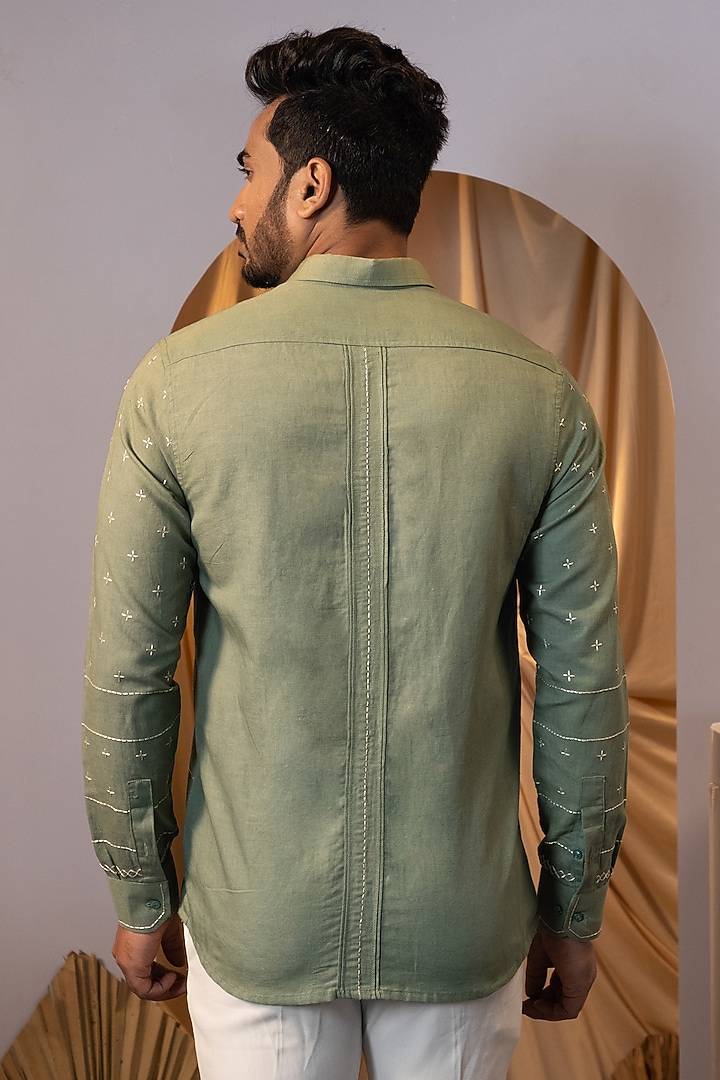 Sage Green Premium Linen Embroidered Party Wear Shirt by YOSEBA at Pernia's Pop Up Shop