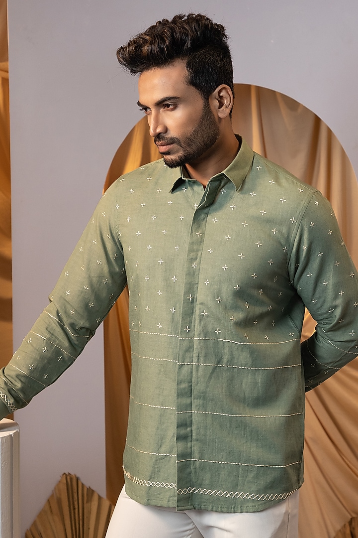 Sage Green Premium Linen Embroidered Party Wear Shirt by YOSEBA at Pernia's Pop Up Shop