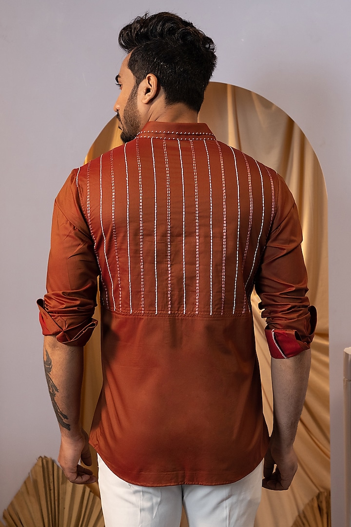 Rust Brown Premium Cotton Embroidered Party Wear Shirt by YOSEBA at Pernia's Pop Up Shop