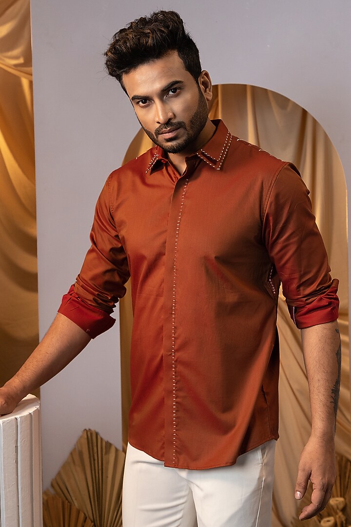 Rust Brown Premium Cotton Embroidered Party Wear Shirt by YOSEBA at Pernia's Pop Up Shop