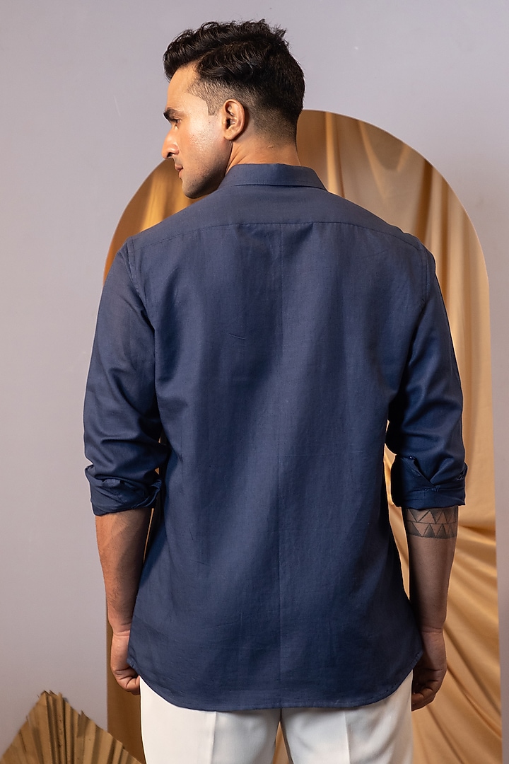 Blue Premium Linen Embroidered Party Wear Shirt by YOSEBA at Pernia's Pop Up Shop