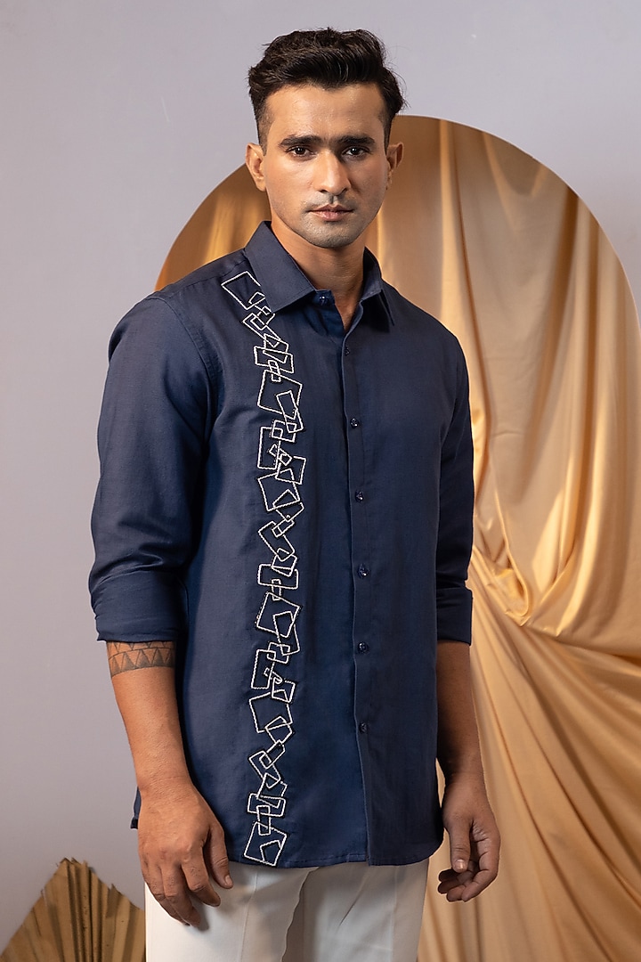 Blue Premium Linen Embroidered Party Wear Shirt by YOSEBA at Pernia's Pop Up Shop