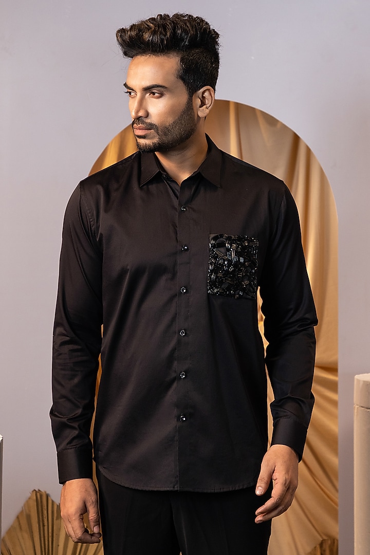 Black Premium Cotton Leather Embroidered Party Wear Shirt by YOSEBA at Pernia's Pop Up Shop