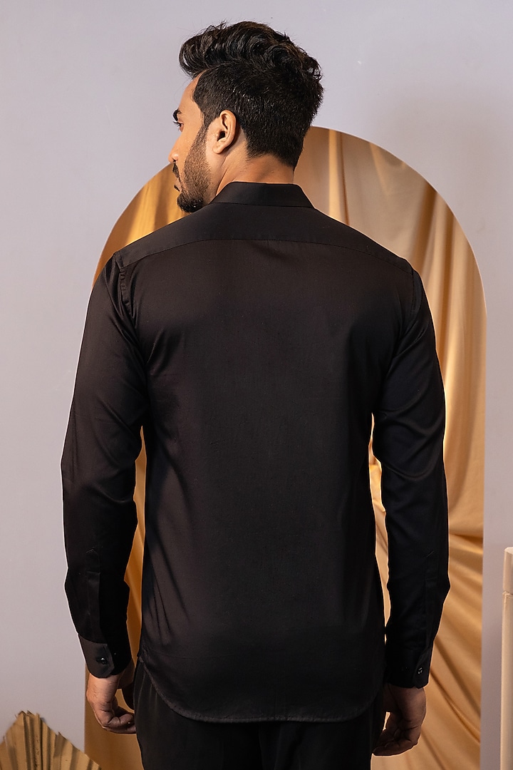 Black Premium Cotton Leather Embroidered Party Wear Shirt by YOSEBA at Pernia's Pop Up Shop