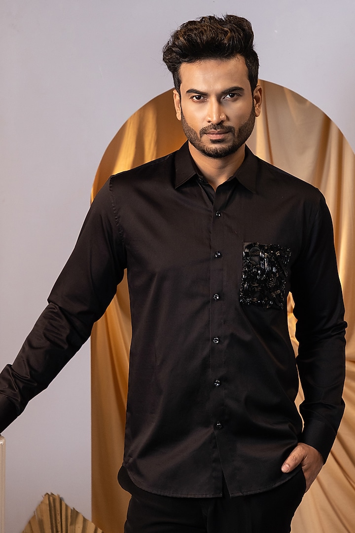 Black Premium Cotton Leather Embroidered Party Wear Shirt by YOSEBA at Pernia's Pop Up Shop