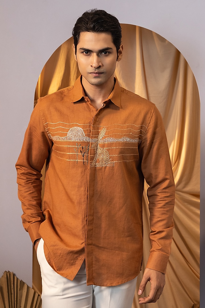 Orange Premium Linen Motif Embroidered Shirt by YOSEBA