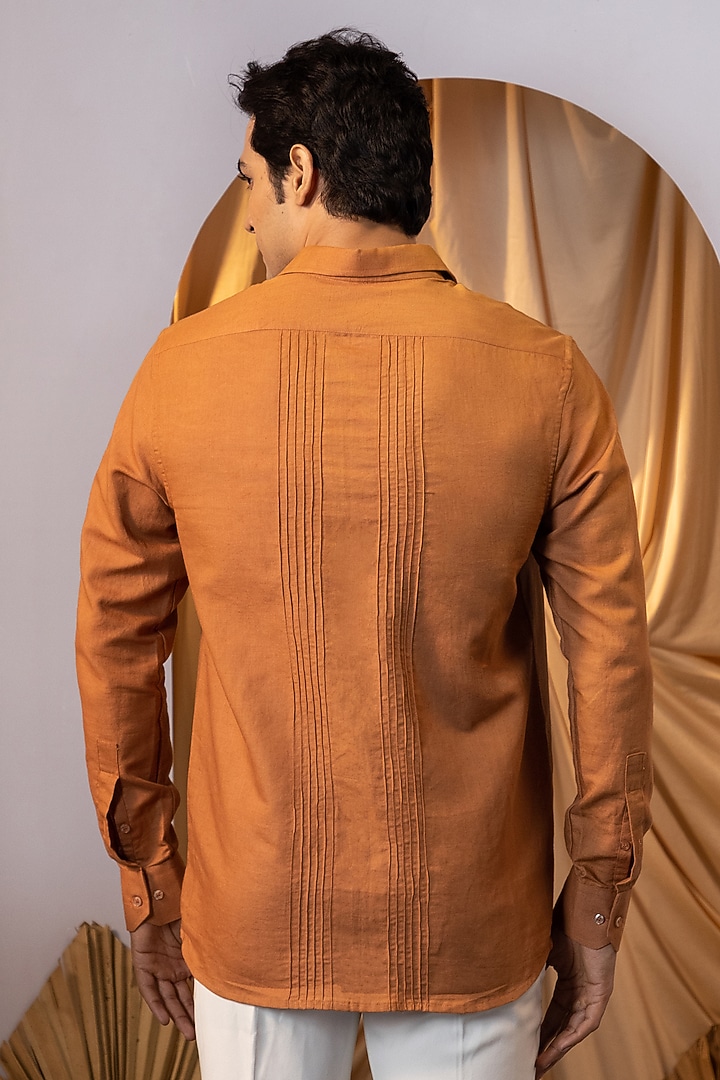 Orange Premium Linen Motif Embroidered Party Wear Shirt by YOSEBA at Pernia's Pop Up Shop