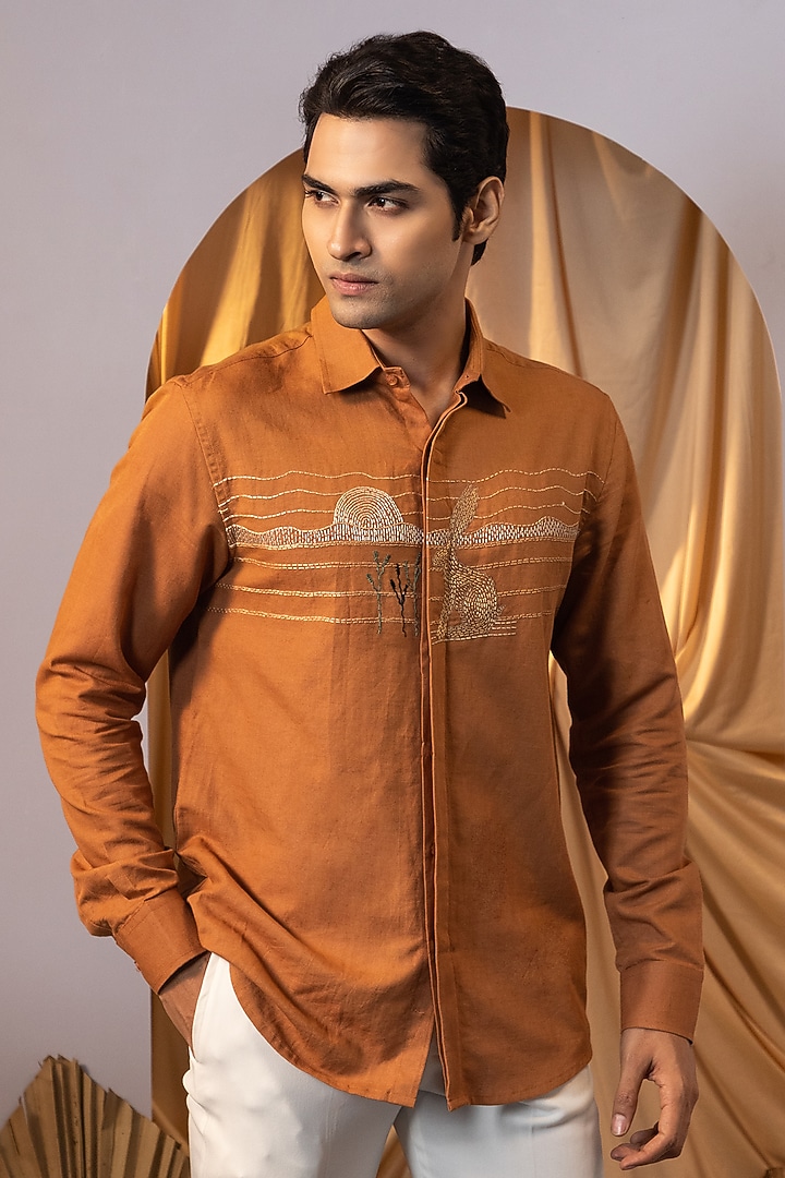 Orange Premium Linen Motif Embroidered Party Wear Shirt by YOSEBA at Pernia's Pop Up Shop