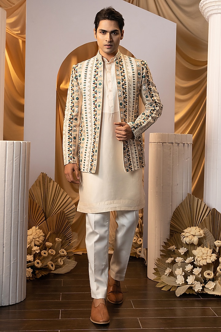 Beige Bam Silk Embroidered Jacket Set by YOSEBA