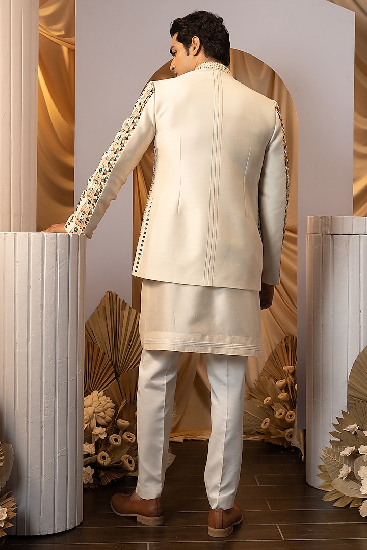 Beige Bam Silk Embroidered Jacket Set by YOSEBA at Pernia's Pop Up Shop