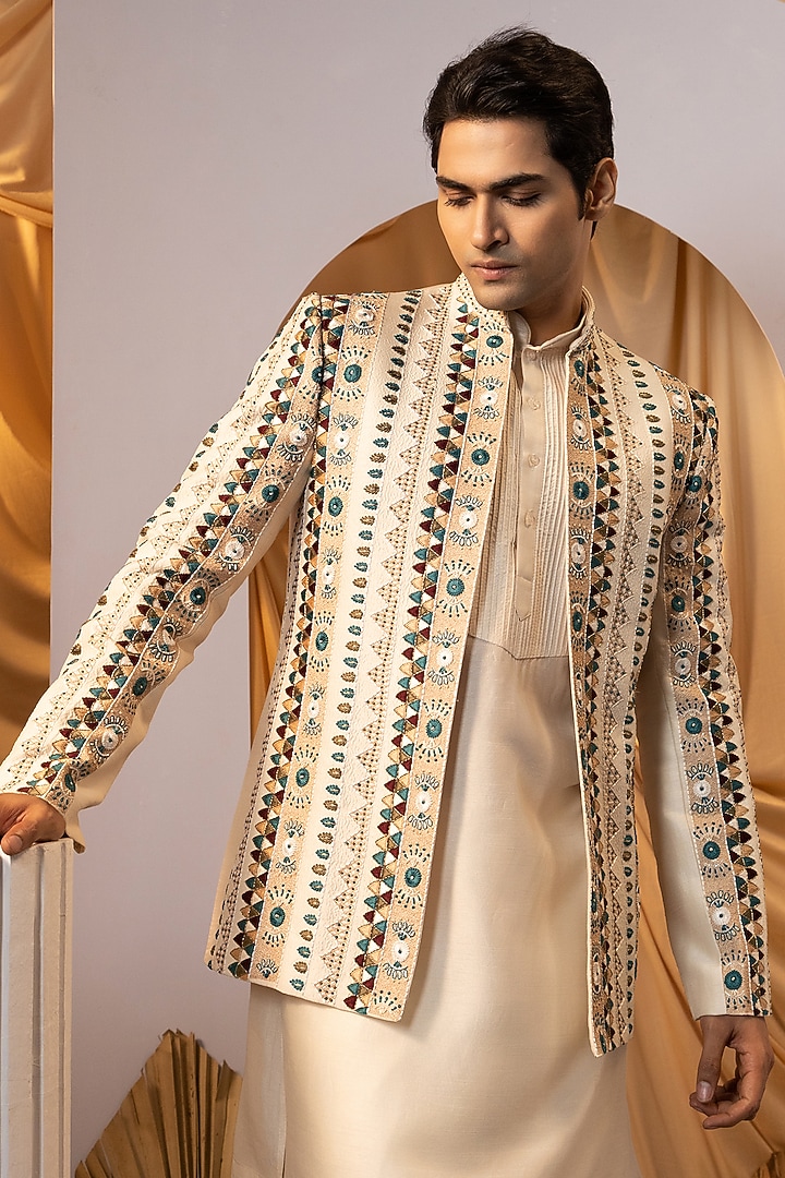 Beige Bam Silk Embroidered Jacket Set by YOSEBA at Pernia's Pop Up Shop