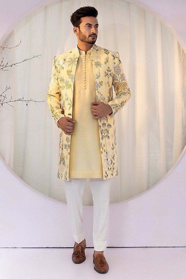 Yellow Bam Silk Floral Printed Jacket Set by YOSEBA