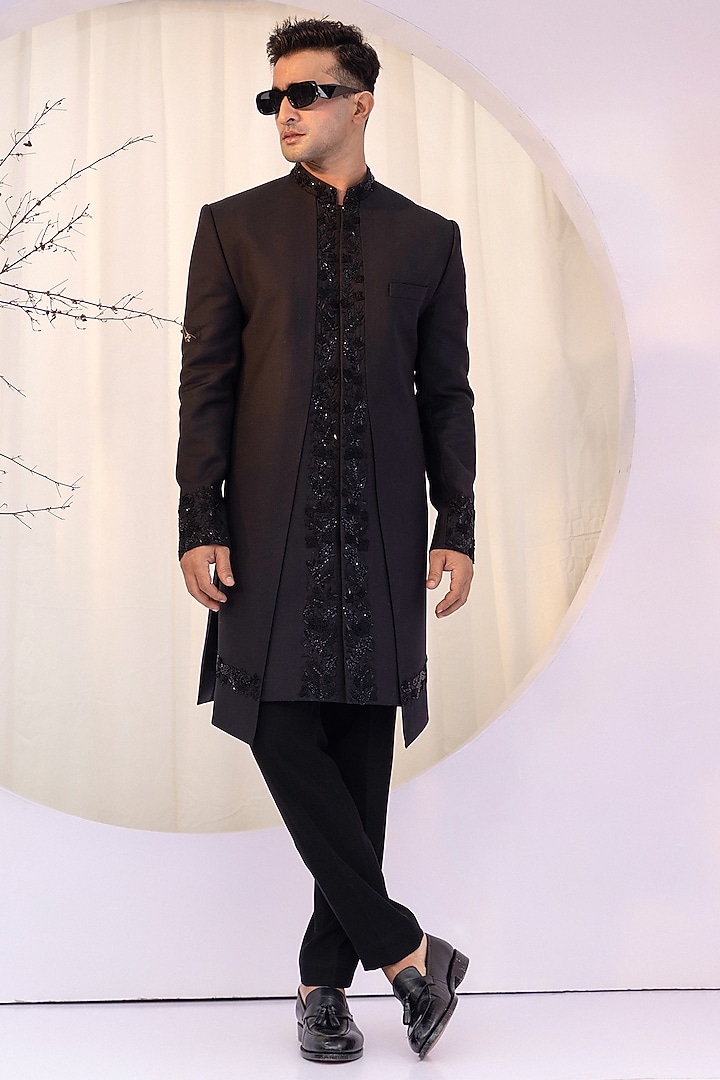 Black Premium Suiting Embroidered Achkan Set by YOSEBA at Pernia's Pop Up Shop