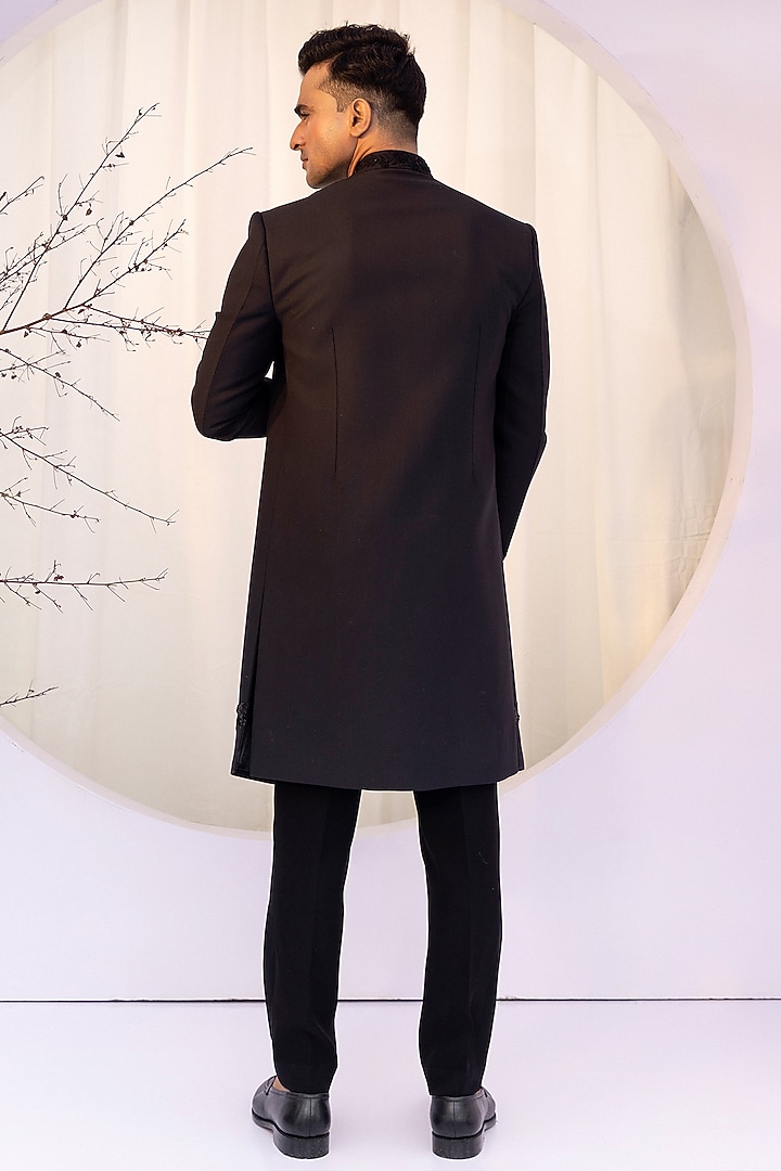 Black Premium Suiting Embroidered Achkan Set by YOSEBA at Pernia's Pop Up Shop