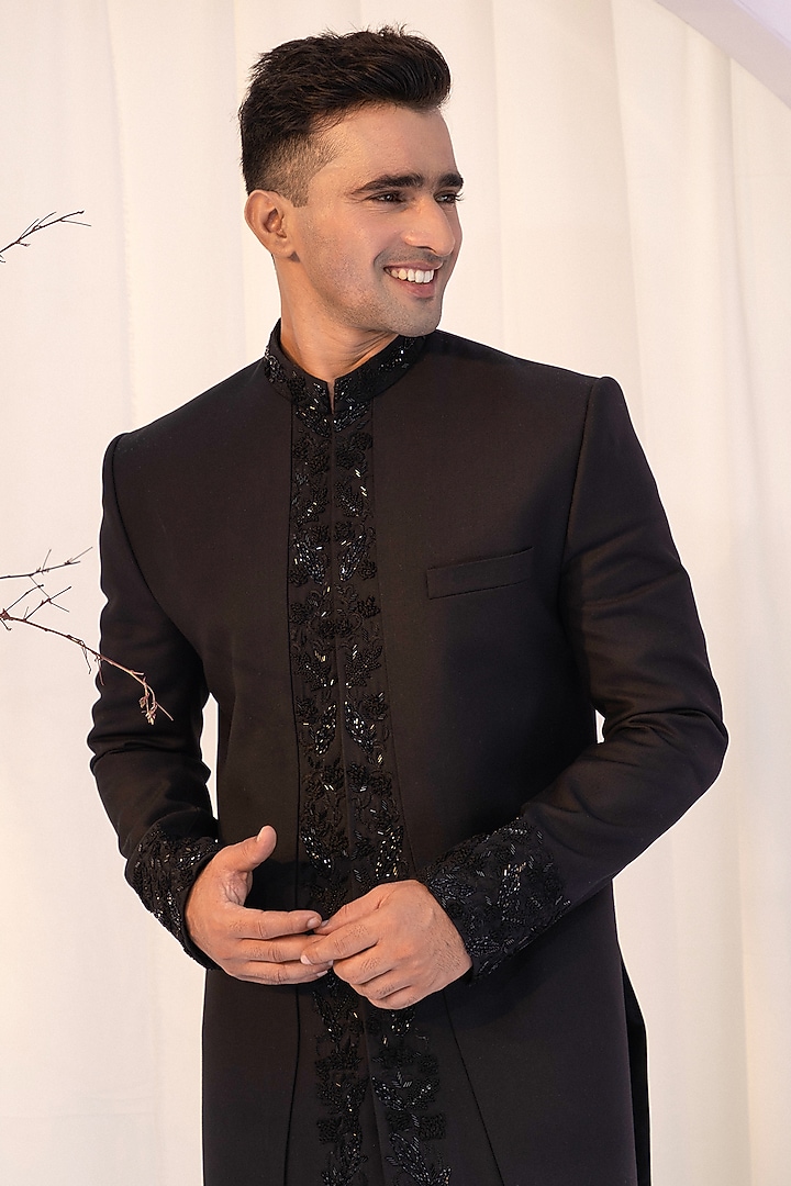 Black Premium Suiting Embroidered Achkan Set by YOSEBA at Pernia's Pop Up Shop