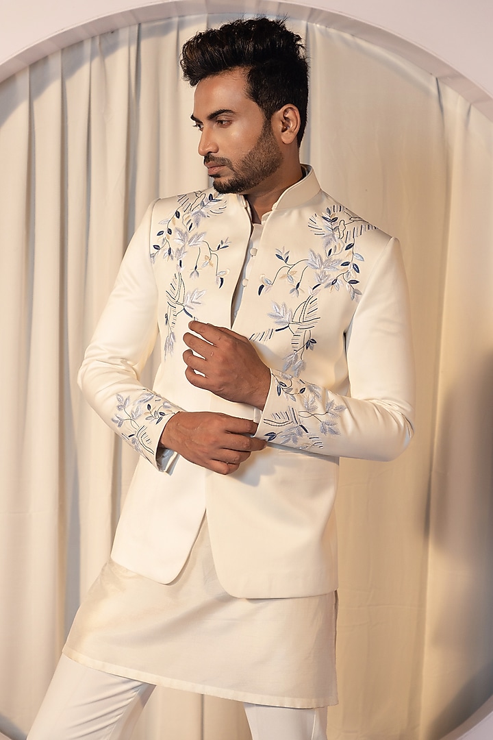 Ivory Premium Suiting Embroidered Wedding Bandhgala Set by YOSEBA at Pernia's Pop Up Shop