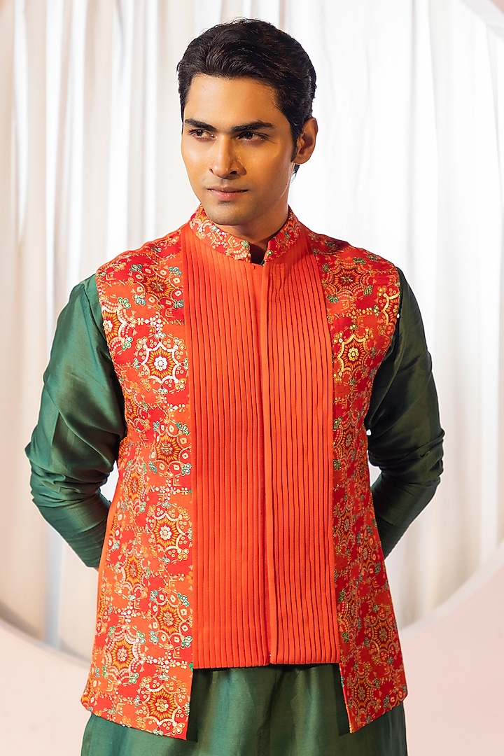 Orange Bam Silk Embellished Nehru Jacket Set by YOSEBA at Pernia's Pop Up Shop