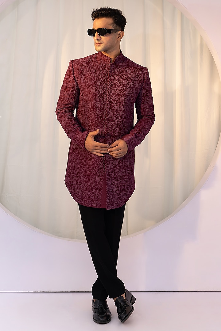 Wine Maroon Premium Suiting French Knot Embroidered Achkan Set by YOSEBA