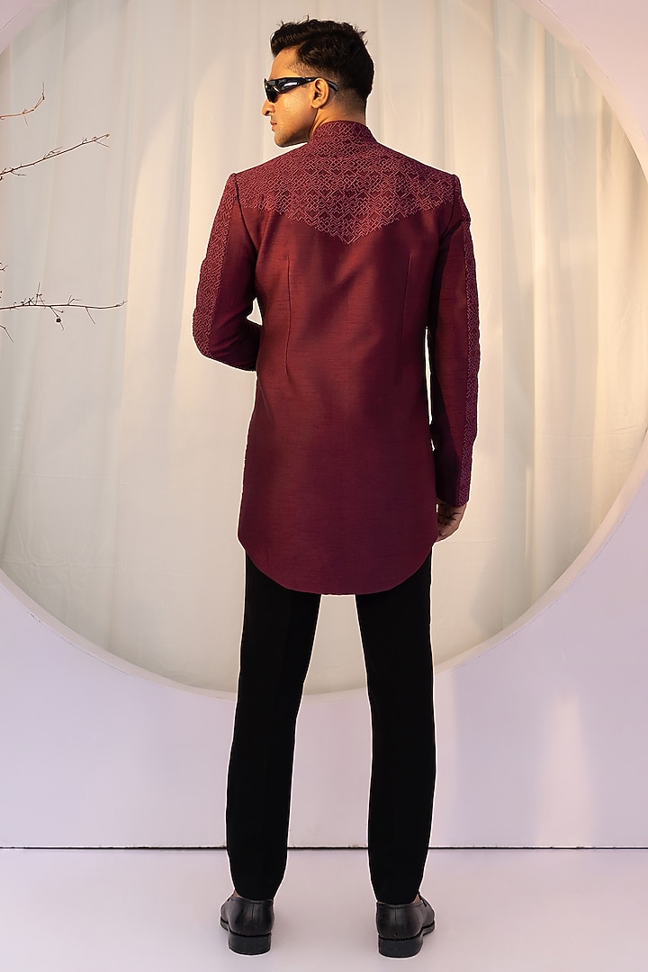 Wine Maroon Premium Suiting French Knot Embroidered Achkan Set by YOSEBA at Pernia's Pop Up Shop