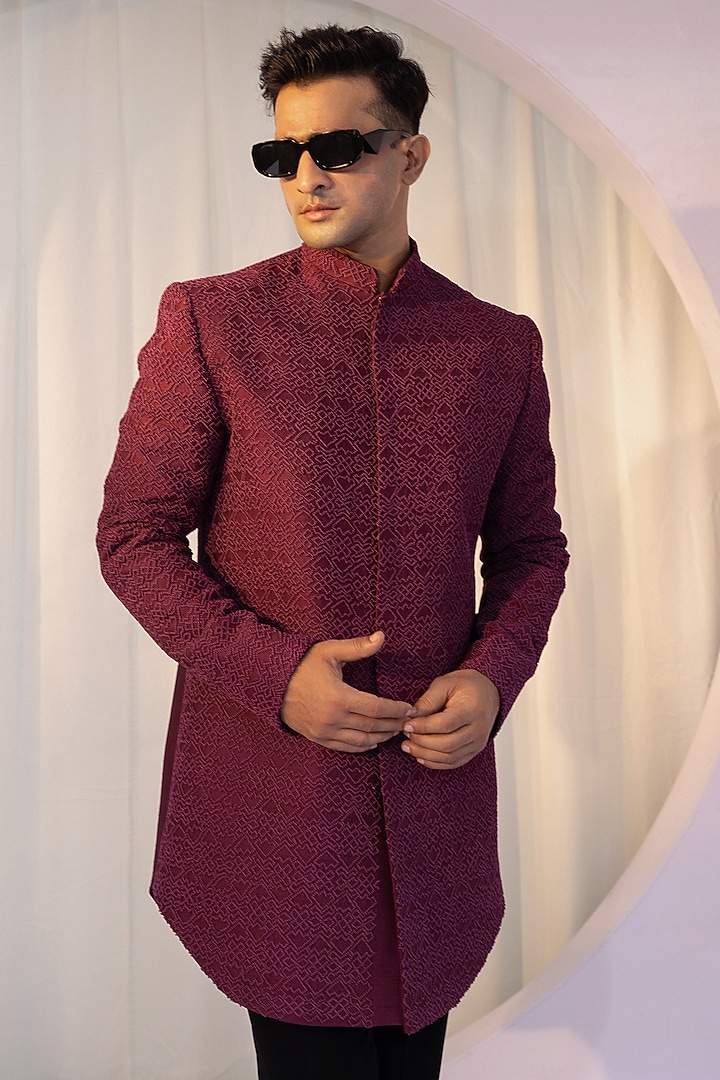 Wine Maroon Premium Suiting French Knot Embroidered Achkan Set by YOSEBA at Pernia's Pop Up Shop