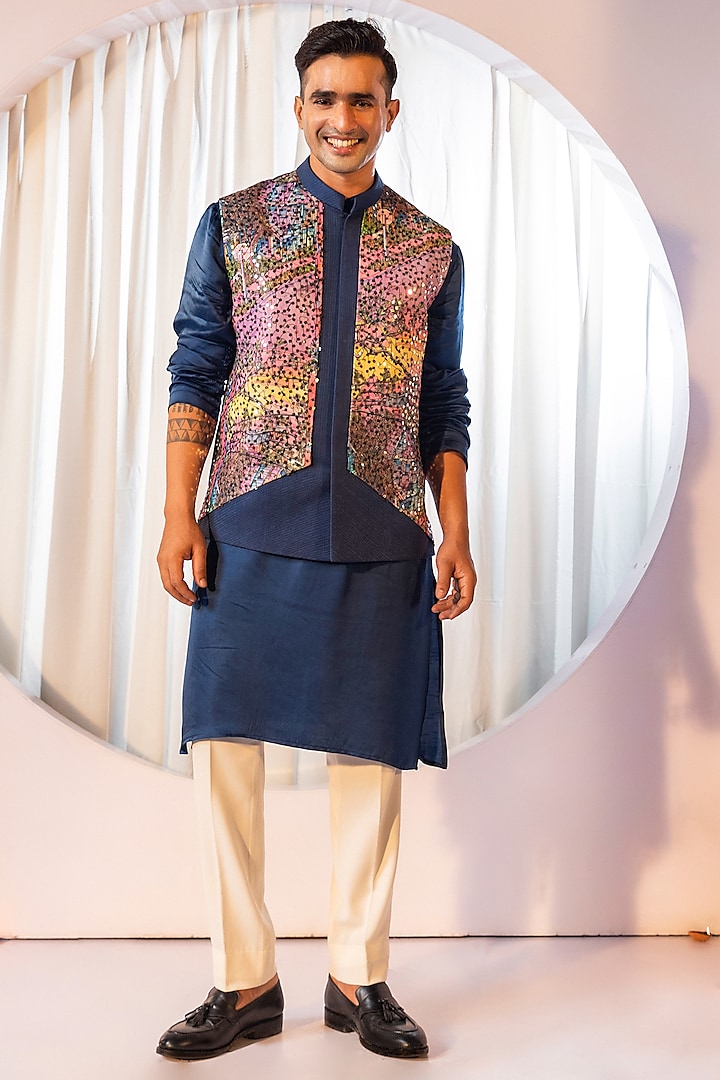 Multi-Colored Linen Satin Embroidered Nehru Jacket Set by YOSEBA