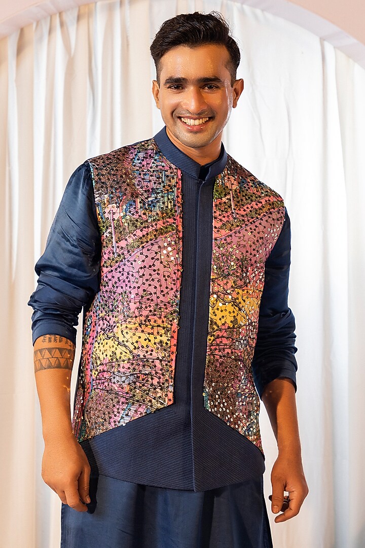 Multi-Colored Linen Satin Embroidered Nehru Jacket Set by YOSEBA at Pernia's Pop Up Shop