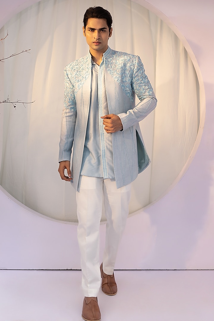 Powder Blue Bam Silk Embroidered Jacket Set by YOSEBA