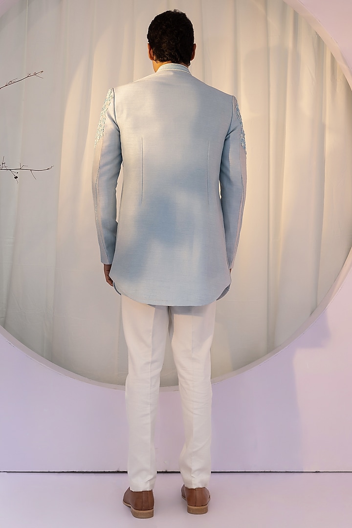 Powder Blue Bam Silk Embroidered Jacket Set by YOSEBA at Pernia's Pop Up Shop